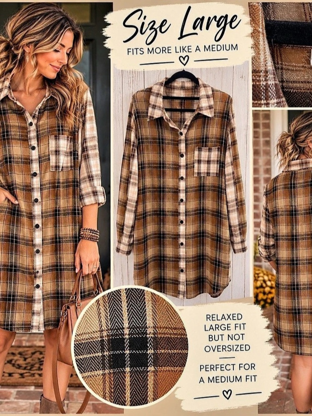 Plaid Mini Dress in Brown & White Size Large Like New